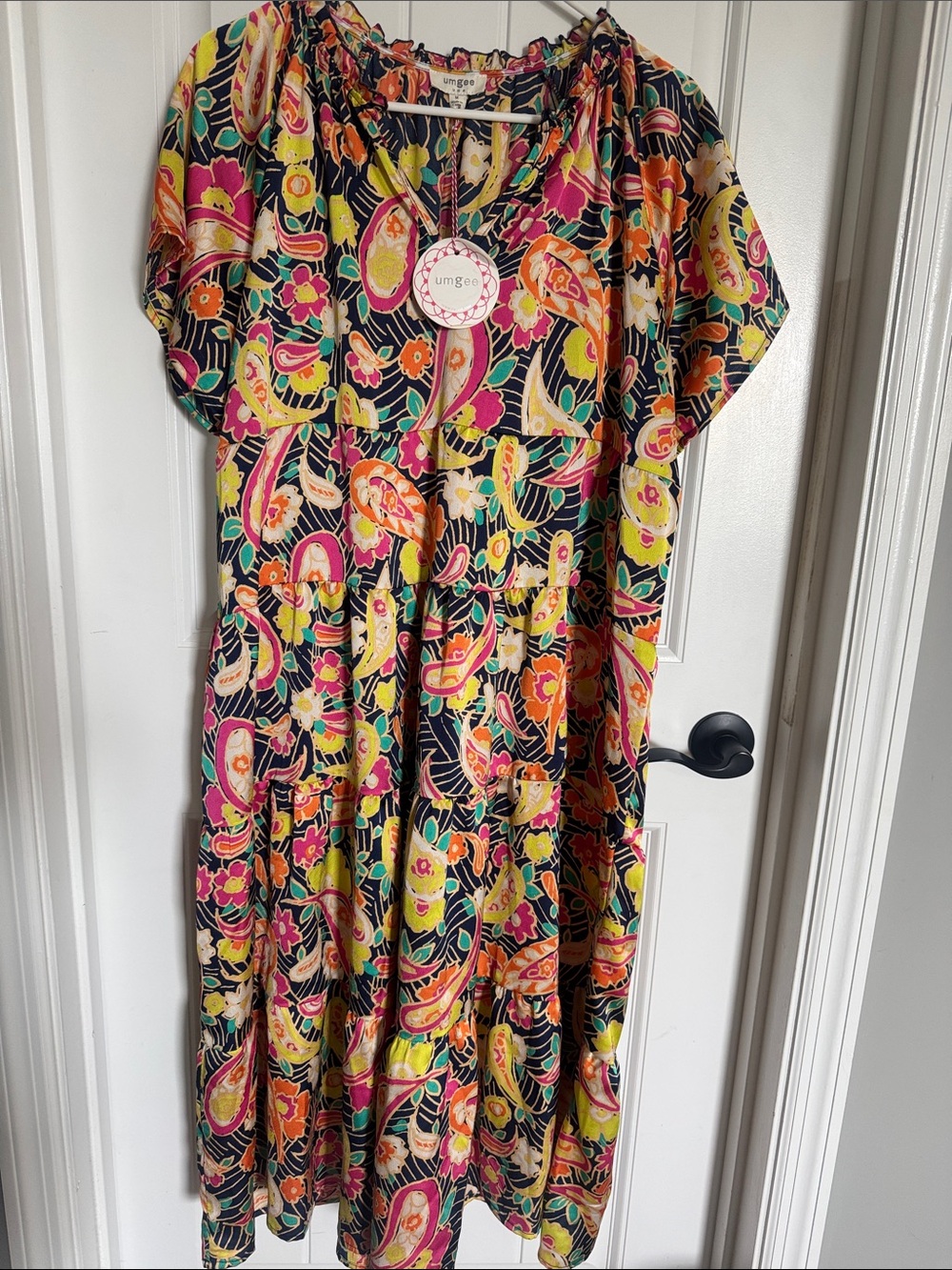 Umgee Navy Multicolor  Paisley Floral Tiered Dress Medium NWT